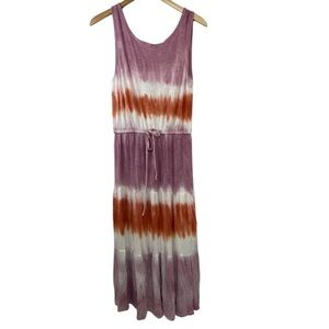 Knox Rose tie dye tee length dress. Low in the back and a tie waist for fit.